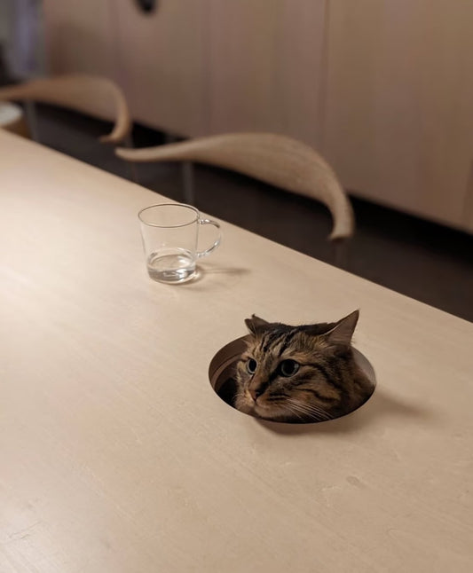 Cat peeking out from a hole in a table with a glass on the surface